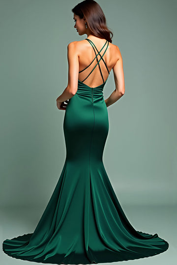 Robe longue de bal en satin satiné à bretelles spaghetti vert foncé